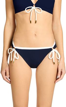 Robin Piccone Jacqui Side Tie Bikini Bottoms in Navy/grass/cream at Nordstrom, Size X-Small