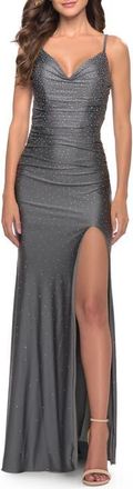La Femme Rhinestone Jersey Dress with Slit and Ruching in Gunmetal at Nordstrom, Size 10