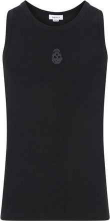 Alexander McQueen Tops, Heren, Zwart, L, Katoen, Zwarte Geribbelde Katoenen Tanktop met Omgekeerd Skull Borduurwerk