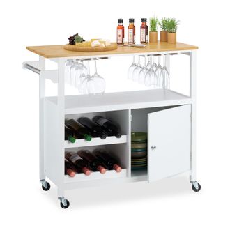 Relaxdays Carrito Auxiliar De Cocina, Botellero, Portacopas, Con Puerta, Toallero, 83x92x40 Cm, Bamb&uacute;, Blanco/natural - Relaxdays