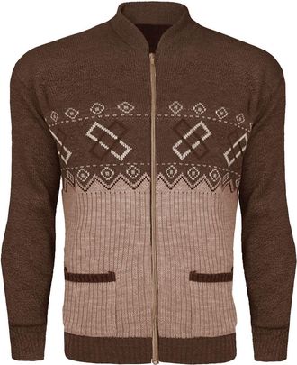 Generic MMK Mens Zip Up Long Sleeve Cardigan Argyle Knitwear Jumper - Adults Granddad Aztec Printed Two Front Pockets Winter Outdoor Sweater Top Plus Size S-X