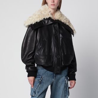 The Attico Bomber in pelle nero con collo in shearling