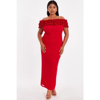 Quiz Plus Size Crepe Ruffle Ruched Mesh Maxi Dress in Red at Nordstrom, Size 14