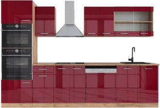 Vicco Cucina componibile R-Line, Bordeaux lucido/rovere dorato, 300 cm con armadio alto, pl Rovere