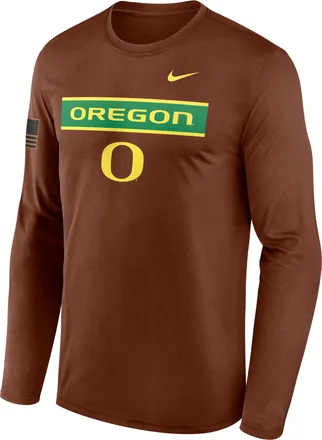 Nike Oregon 2026 Military Appreciation Legend Nike Mens Dri-FIT College Long-Sleeve T-Shirt in Brown | 02TJ2GYUON-VZG