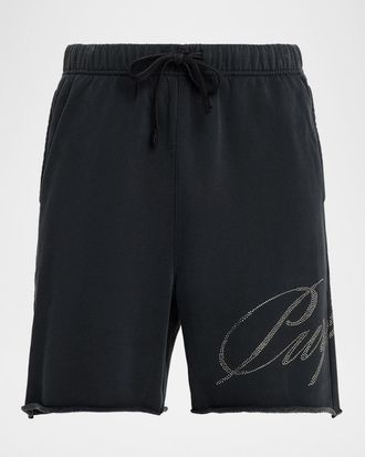 Purple Men & apos;s Cotton Fleece Raw-Edge Rhinestone Logo Shorts