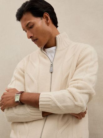 Reiss White Atelier Cashmere Cable Cardigan, L