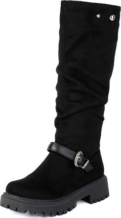 Generic Womens Faux Suede Knee High Boots Block Heel Platform Boots with Buckle Pull on Casual Boot,Black1,5.5 UK