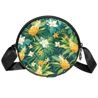 Generic Circle Crossbody Bag for Women, Tropical Pineapple Small Sling Bag Daypack with Zipper Adjustable Shoulder Straps Casual Ladies Girls Round Purse