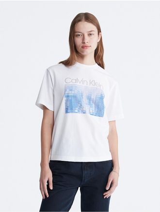 Calvin Klein Womens Monogram Logo Block Crewneck T-Shirt - White - XS