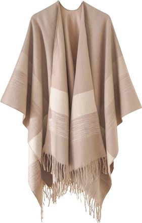 Feoya Womens Oversized Poncho Cape Warm Shawl Blanket Wrap Striped Reversible Capes Open Front Printed Cape Shawls Fringe Tassel Knitted Ruana Shawl Color B