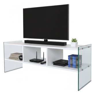 Dmora Dmora - Mueble De Televisi&oacute;n Algorab, Aparador De Sal&oacute;n, Mueble Bajo Para Tv, Base De Pared Equipada, 120x35h45 Cm, Blanco, Con Embalaje Reforzado