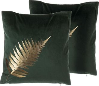 Beliani Beliani - Conjunto De Cojines Decorativos De Terciopelo Verde 45 X 45 Cm Estampado De Hoja Con L&aacute;mina Dorada Decoraci&oacute;n Moderna Fern