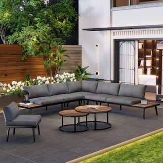 Matteo Grey Modular Outdoor Sofa Set with Acacia Wood Nesting Tables