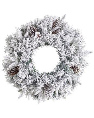 Nearly Natural 20In. Flocked Artificial Christmas Wreath With 35 Warm White Led Lights