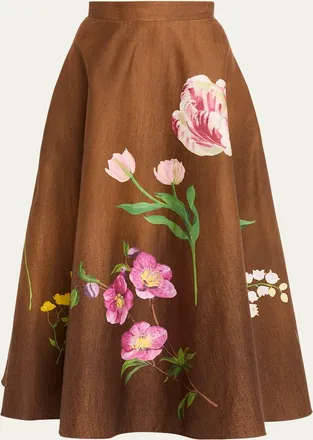Oscar De La Renta Mixed Botanical Print Cotton Midi Skirt