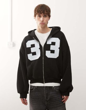 Collusion Felpa nera squadrata con zip e grafica di numeri-Nero