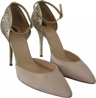 Elisabetta Franchi Beige Linen Ankle Strap High Heels Womens Shoes (Pre-Owned)