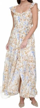 Blu Pepper Floral Waist Tie Front Slit Sleeveless Midi Dress In Cream