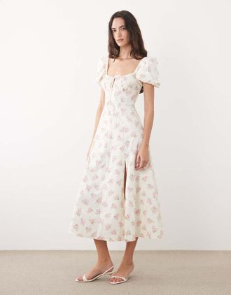 New Look Vestito midi milkmaid bianco a fiori