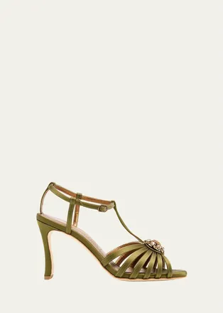 Manolo Blahnik 90mm Fulcon Embellished Satin Caged Sandals