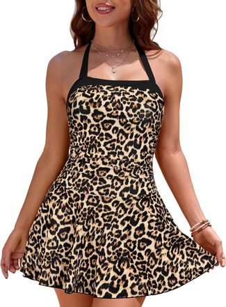 SHEKINI Ladies Swimming Costumes Halter Neck One Piece Swim Dress Tummy Control Swimsuit Ruched Swimwear Bathing Suit Plus Size