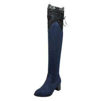 Generic Winter European Hollowed Out Lace High Heel Over The Knee Boots For Women Elegant Stiletto Long Boots Fashionable Footwear (Blue, 5. 5)
