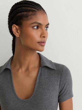 Reiss Womens Daria Grey Marl Scoop-neck Jersey Polo Top, XL