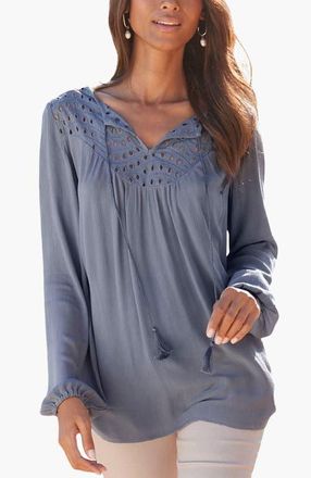Lascana Womens Boho Eyelet Blouse in Smokey Blue at Nordstrom, Size 8