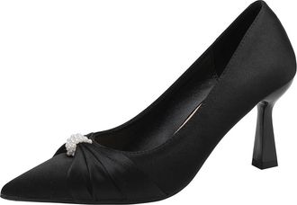 Generic Qynthra Womens Satin Court Shoes Pearl Bow Detail Square Slim Heel Slip-On Pointed Toe Pumps Wide Fit 6CM/8CM Mid Heel Dress Shoes for Office & Weddin