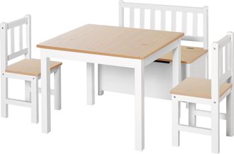HOMCOM Homcom - Conjunto De Mesa 2 Sillas Y Banco Infantil De Madera Con Espacio De Almacenamiento Muebles Infantiles Para Sala De Juegos Habitaci&oacute;n De Ni&ntilde;os
