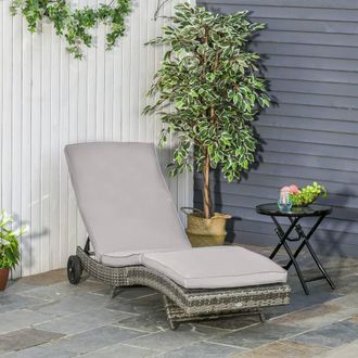 OUTSUNNY Outdoor Rattan Sun Lounger with Reclining Back, Wheels, Grey