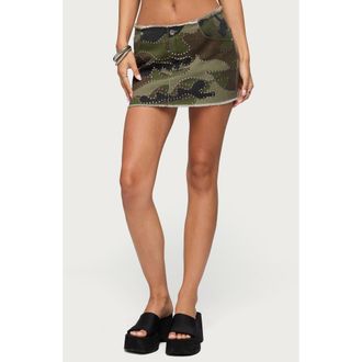 Edikted Nadyah Studded Camo Denim Miniskirt in Olive at Nordstrom, Size X-Small