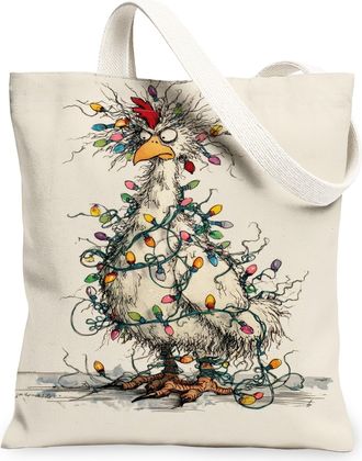 Generic Christmas Chicken Canvas Tote Bags, Funny Bird Design Reusable Grocery Bags, Holiday Lightweight Washable Shoulder Strap Canvas for Travel Outdoor Pic