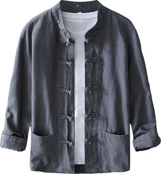 Generic Kung Fu Uniform Men Cotton Linen Loose Fit Casual Button Down Vintage Tang Suit Pockets Tai Chi Lightweight Traditional Sport Jacket Breathable Big an