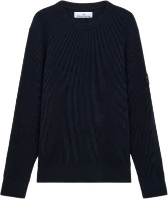 Stone Island Geribbelde Trui van Maagdelijke Wol - Heren - Ronde hals truien - Blauw - M - Wol - Truien & Vesten