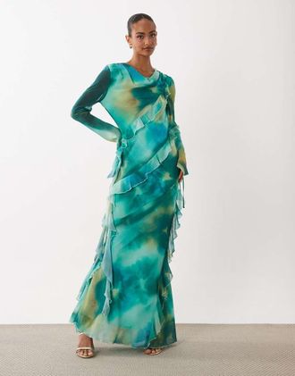 Daska vestito lungo in chiffon con collo ad anello alto e dettaglio volant, stampa astratta verde-Multi