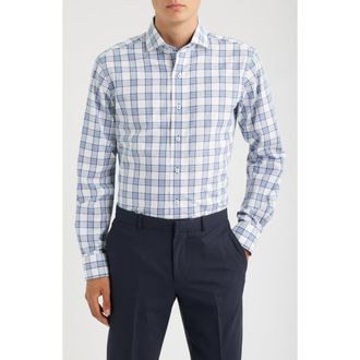 Lorenzo Uomo Trim Fit Plaid Cotton Dress Shirt in Navy/White at Nordstrom, Size 18.5 - 34