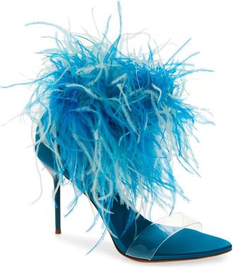 Jeffrey Campbell Bienvenue Feather Ankle Strap Sandal in Turquoise Satin Combo at Nordstrom, Size 9.5
