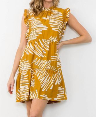 THML Clothing Flutter Sleeve Tiered Dress In Mustard