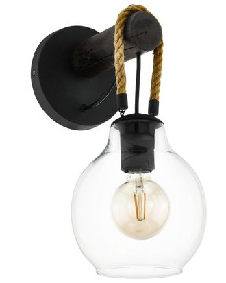 Eglo Eglo Roding 1 Light Wall Sconce With Black Finish, Brown Roping & Clear Glass Shade