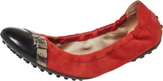 Tod's Tods Orange/black Suede And Patent Leather Cap Toe Scrunch Ballet Flats