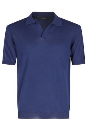 Tagliatore Blue Keith Short Sleeve Ribbed Trim Cotton Polo Shirt