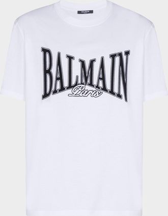 Balmain Mens Flocked College Logo Crewneck T-Shirt