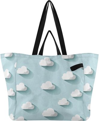 Generic White Cloud Blue pattern Reusable Canvas Tote Bag, Heavy Duty Grocery Shopping Bag with Hard Bottom Large Capacity Double Handles Work Groceries Trave