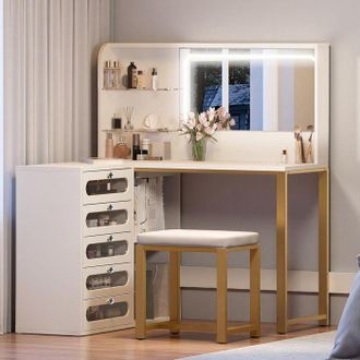 OEM Maquilladora Con Espejo Y Taburete, Led, 5 Cajones, 2 Compartimentos, 2 Estantes, 120 X 80 X 135 Cm, Estilo Moderno, Blanco Y Oro