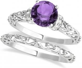 Allurez Amethyst & Diamond Antique Style Bridal Set 14k White Gold (0.87ct)