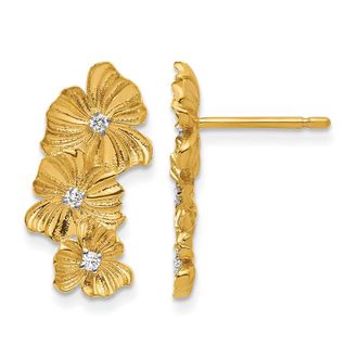 Diamond2Deal 14K Yellow Gold Diamond Three Flower Drop Dangle Earrings