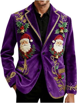 Generic Red Blazer for Men,Ugly Christmas Corduroy Ceremonial Blazers Christmas Elk Printed Blazers Single Breasted Blazer Novelty Xmas Graphic Suit Coat Fest