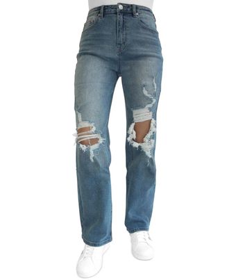 Madden Girl Jeans Womens Blue Denim Distressed High Rise Wide Leg PALL389